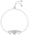 MACY'S CUBIC ZIRCONIA PAVE & POLISHED TRIPLE HEART CHAIN LINK BOLO BRACELET