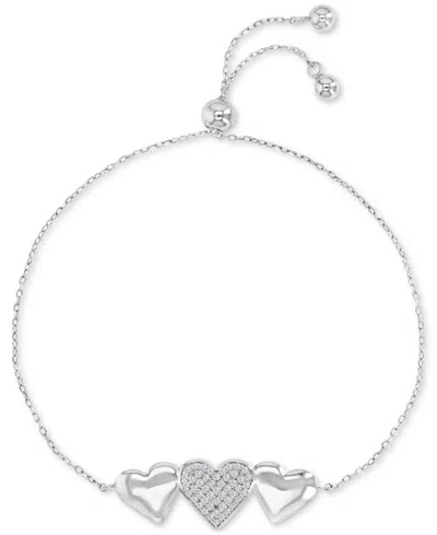 Macy's Cubic Zirconia Pave & Polished Triple Heart Chain Link Bolo Bracelet In Silver