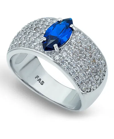 Macy's Cubic Zirconia Pave Band Ring With Blue Cz Marquise Center Prong Stone In Silver Plate