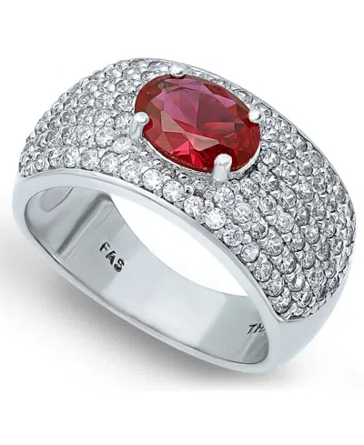 Macy's Cubic Zirconia Pave Band Ring With Red Cz Oval Center Prong Stone In Silver Plate