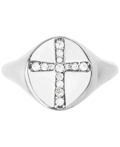 Macy's Cubic Zirconia Pave Cross Polished Signet Ring In Silver