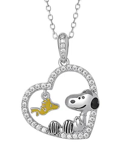Macy's Cubic Zirconia Peanuts Heart Pendant Necklace In Sterling Silver In Metallic