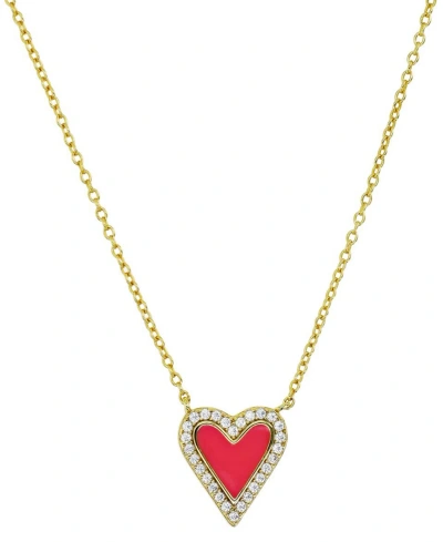 Macy's Cubic Zirconia Red Enamel Heart Pendant Necklace In 14k Gold-plated Sterling Silver, 16" + 2" Extend
