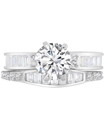 Macy's Cubic Zirconia Round & Baguette Bridal Set In Sterling Silver In Rhodium