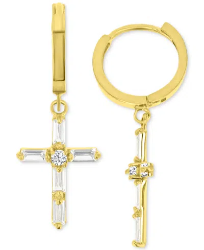 Macy's Cubic Zirconia Round & Baguette Cross Dangle Hoop Drop Earrings In 14k Gold