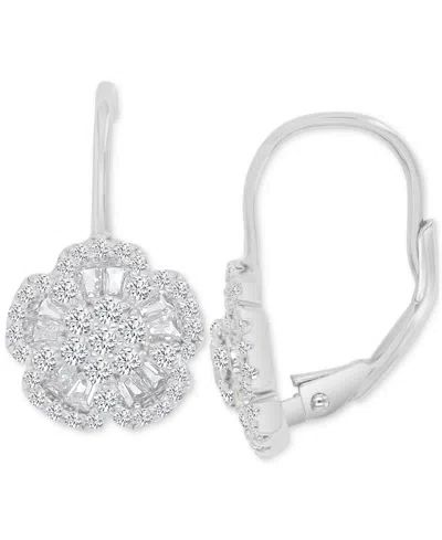 Macy's Cubic Zirconia Round & Baguette Flower Motif Leverback Drop Earrings