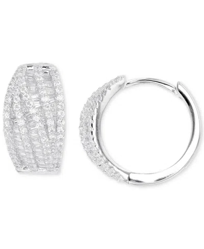 Macy's Cubic Zirconia Round & Baguette Swirl Small Hoop Earrings In Sterling Silver, 0.59"