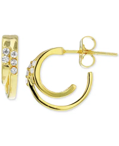 Macy's Cubic Zirconia Small Double Hoop Earrings In 14k Gold-plated Sterling Silver, 0.56"