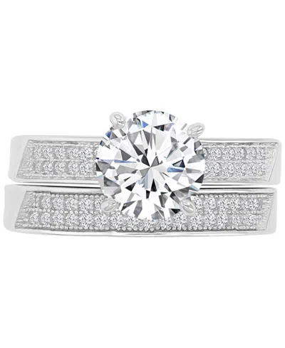 Macy's Cubic Zirconia Solitaire & Pave Milgrain Bead Bridal Set In Sterling Silver