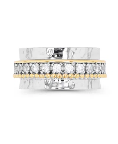 Macy's Cubic Zirconia Two Tone Hammered Band Ring In Sterling Silver