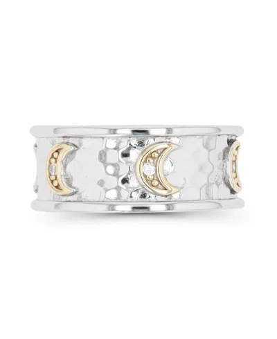Macy's Cubic Zirconia Two Tone Hammered Crescent Moons Ring In Silver