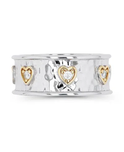 Macy's Cubic Zirconia Two Tone Hammered Hearts Ring In Silver