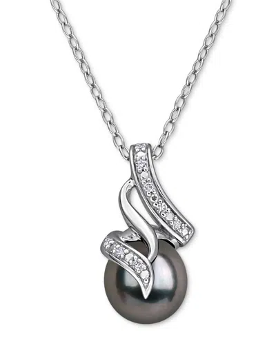 Macy's Cultured Black Tahitian Pearl (8mm) & Diamond (1/20 Ct. T.w.) Swirl 18" Pendant Necklace In Sterling In Silver