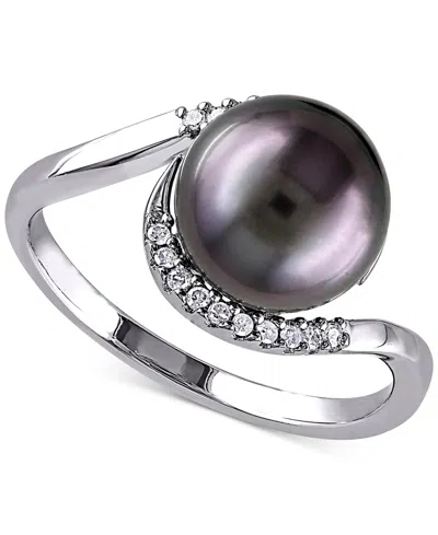 Macy's Cultured Black Tahitian Pearl (9mm) & Diamond (1/10 Ct. T.w.) Swirl Ring In Sterling Silver