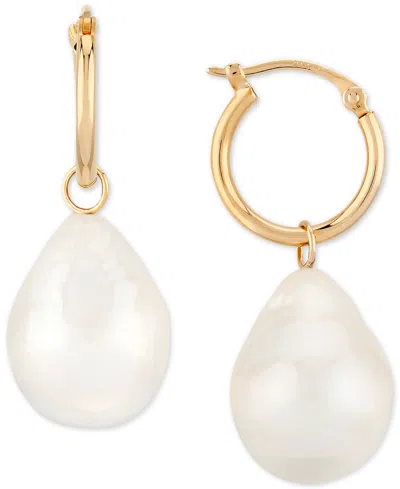 Macy's Cultured Freshwater Baroque Pearl (12mm) Dangle Hoop Earrings In 14k Gold