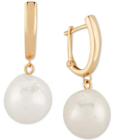 Macy's Cultured Freshwater Baroque Pearl (12mm) Dangle Hoop Earrings In 14k Gold