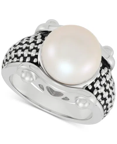 Macy's Cultured Freshwater Button Pearl (11-1/2mm) Basket Weave Statement Ring In Sterling Silver