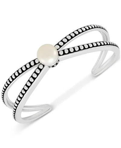Macy's Cultured Freshwater Pearl (10-1/2mm) X Cuff Bangle Bracelet In Sterling Silver