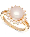 Macy's Cultured Freshwater Pearl (10mm) & Cubic Zirconia Halo Ring In 18k Gold-plated Sterling Silver In Transparent