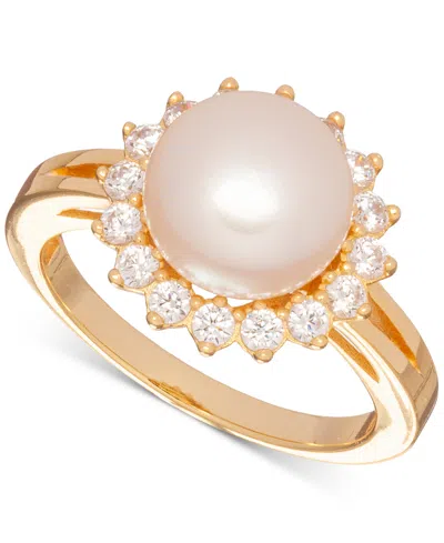 Macy's Cultured Freshwater Pearl (10mm) & Cubic Zirconia Halo Ring In 18k Gold-plated Sterling Silver In Transparent