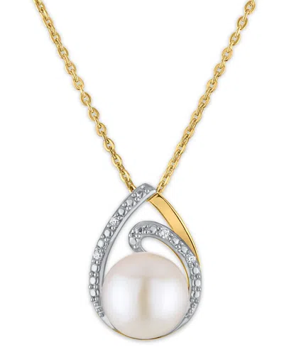 Macy's Cultured Freshwater Pearl (10mm) And Cubic Zirconia Necklace In 14k Gold Over Sterling Silver