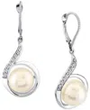 Macy's Cultured Freshwater Pearl (10mm) & Diamond (1/6 Ct.t.w.) Swirl Leverback Drop Earrings In 14k White In White Gold