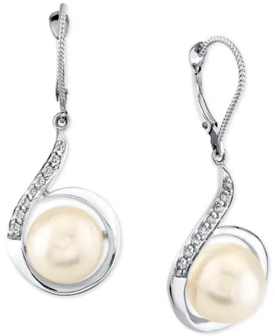 Macy's Cultured Freshwater Pearl (10mm) & Diamond (1/6 Ct.t.w.) Swirl Leverback Drop Earrings In 14k White In White Gold