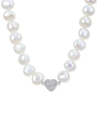 Macy's Cultured Freshwater Pearl (11-12mm) & Cubic Zirconia Heart Clasp 18" Collar Necklace In Silver