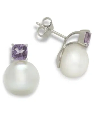 Macy's Cultured Freshwater Pearl (11mm) & Amethyst (1-1/4 Ct. T.w.) Stud Earrings In Sterling Silver