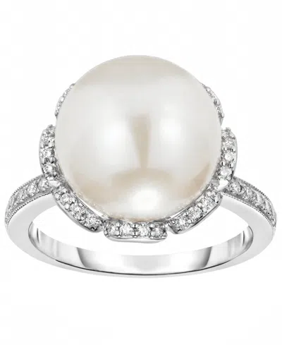 Macy's Cultured Freshwater Pearl (11mm) & Diamond (1/4 Ct. T.w.) Ring In 925 Sterling Silver In Metallic