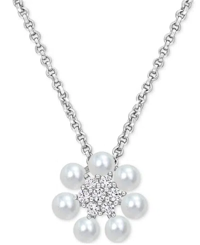 Macy's Cultured Freshwater Pearl (3-3-1/2mm) And Lab Grown White Sapphire (1/8 Ct. T.w.) Flower 18" Pendant