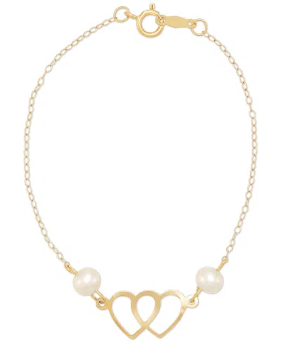 Macy's Cultured Freshwater Pearl (4-1/2mm) Double Heart Link Bracelet In 14k Gold In Yellow Gold