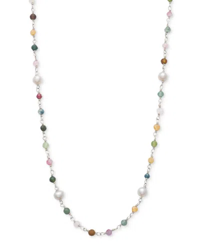 Macy's Cultured Freshwater Pearl (4-5mm) & Multicolor Tourmaline 18" Collar Necklace In Sterling Silver