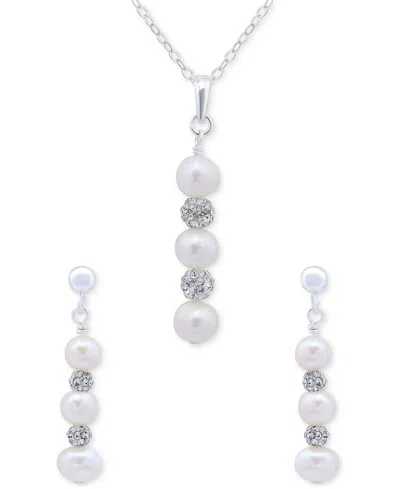 Macy's Cultured Freshwater Pearl (5-7mm) & Crystal Pendant Necklace & Matching Drop Earrings Set In Sterlin In White