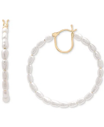 Macy's Cultured Freshwater Pearl (5 X 2-1/2mm) Medium Hoop Earrings In 10k Gold, 1-1/4" In Gold Over Silver