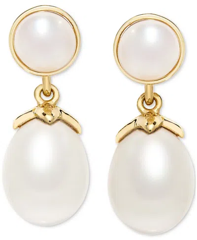 Macy's Cultured Freshwater Pearl (5mm & 8-1/2 X 7-1/2mm) Tear-shape Drop Earrings In 14k Gold-plated Sterli In Gold Over Silver