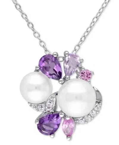 Macy's Cultured Freshwater Pearl (6-1/2 & 7-1/2mm) & Multi-gemstone (1-3/8 Ct. T.w.) Cluster 18" Pendant Ne In Silver