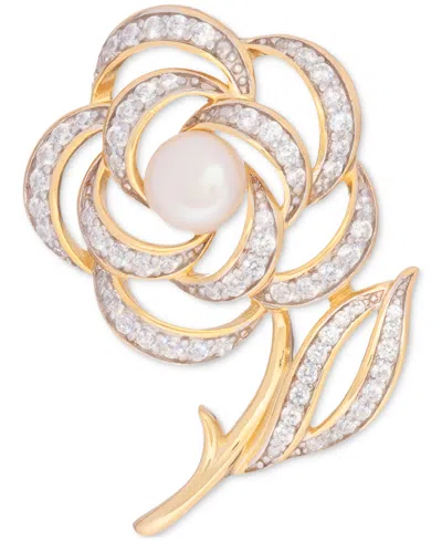 Macy's Cultured Freshwater Pearl (6-1/2mm) & Cubic Zirconia Flower & Stem Pin In 18k Gold-plated Sterling S