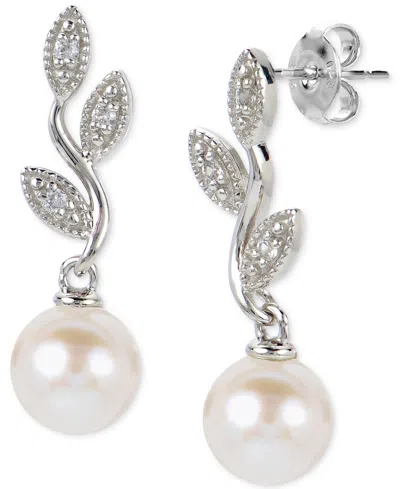 Macy's Cultured Freshwater Pearl (6 1/2mm) & Lab-created White Sapphire (1/10 Ct. T.w.) Vine Drop Earrings In Sterling Silver