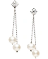 Macy's Cultured Freshwater Pearl (6-6-1/2mm) & Cubic Zirconia Double Chain Drop Earrings In Sterling Silver In Silver