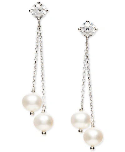 Macy's Cultured Freshwater Pearl (6-6-1/2mm) & Cubic Zirconia Double Chain Drop Earrings In Sterling Silver