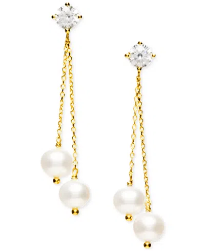 Macy's Cultured Freshwater Pearl (6-6-1/2mm) & Cubic Zirconia Double Chain Drop Earrings In Sterling Silver In Gold Over Silver