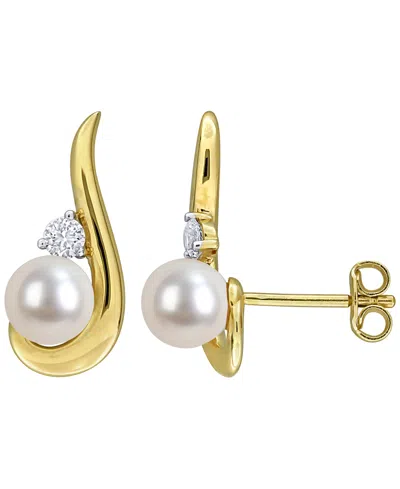 Macy's Cultured Freshwater Pearl (6-6.5mm) & White Sapphire Earrings (1/3 Ct. T.w.) In 18k Gold Flash Plate