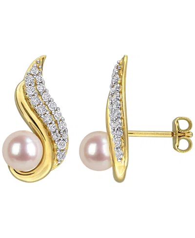 Macy's Cultured Freshwater Pearl (6-6.5mm) & White Topaz Earrings (3/4 Ct. T.w.) In 18k Gold Flash Plated S