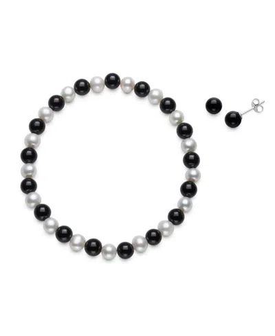 Macy's Cultured Freshwater Pearl (6-7mm) And 6mm Onyx Stretch Bracelet And Stud Set In Sterling Silver In Black