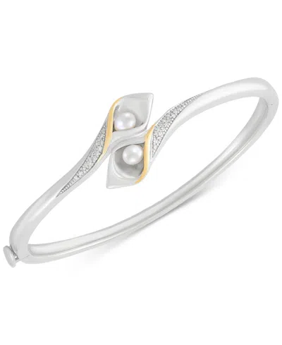 Macy's Cultured Freshwater Pearl (6 X 4mm) & Diamond (1/10 Ct. T.w.) Flower Bud Inspired Bangle Bracelet In In Silver