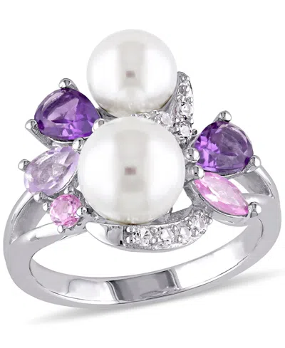 Macy's Cultured Freshwater Pearl (6-1/2 & 7-1/2mm) & Multi-gemstone (1-3/8 Ct. T.w.) Cluster Ring In Sterli In Amethyst