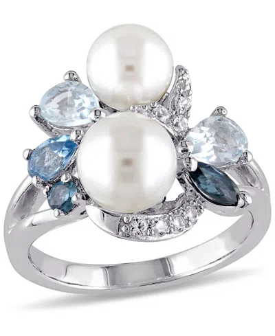 Macy's Cultured Freshwater Pearl (6-1/2 & 7-1/2mm) & Multi-gemstone (1-3/8 Ct. T.w.) Cluster Ring In Sterli In Blue Topaz