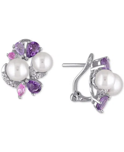 Macy's Cultured Freshwater Pearl (6-1/2 & 7-1/2mm) & Multi-gemstone (2-3/4 Ct. T.w.) Cluster Stud Earrings  In Amethyst