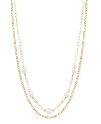 Macy's Cultured Freshwater Pearl (6.5-7mm) Paperclip & Curb Link 2-row Necklace In 14k Gold Over Sterling S In Gold Over Silver